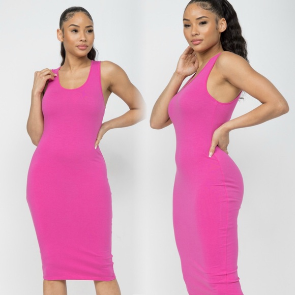 Pink Sleeveless Bodycon Midi Stretchy Dress - Picture 5 of 7